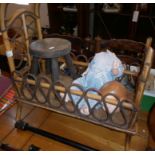 Vintage bamboo and wickerwork doll's crib, with doll (A/F), and stool