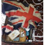 Two Union Jack pennants, assorted lacework, vintage Christmas tree lights and opera glasses etc.