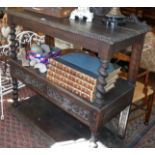 Victorian carved oak three-tier buffet with two drawers to middle tier, 42" wide x 42" high x 19"