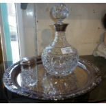 Silver mounted cut glass decanter and silver topped jar on a silver plated tray