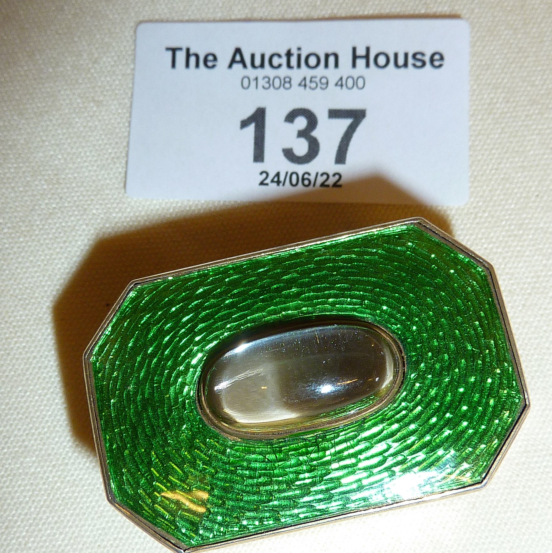 Silver gilt and rock crystal box with green guilloche enamel lid (some cracking to enamel) - Image 3 of 3
