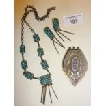 Native American silver and turquoise panelled necklace and matching earrings, marked as Zuni BKW,