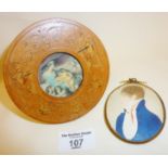 Regency watercolour portrait miniature of a gentleman, and an antique Sorrento Ware inlaid photo