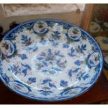 19th c. Bristol Delft polychrome charger, 13" diameter (repaired)