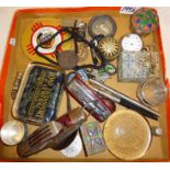 Tray of assorted items, advertising paperweights, silver photo frame, thimble, coins, medals, etc.