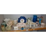 Assorted porcelain and glass, inc. blue glass water jug, Masons jug, etc.