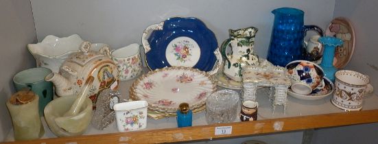 Assorted porcelain and glass, inc. blue glass water jug, Masons jug, etc.