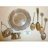 Scottish silver teaspoon, other silver spoons, a silver dish and decanter label, approx. total