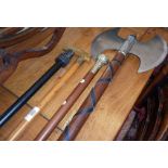 Reproduction double headed fighting axe, vintage walking sticks, etc.