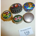 Five pill or trinket boxes including micro mosaic, 925 silver, cloisonne etc