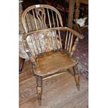 18th/19th c. ash and elm Windsor armchair with turned legs and front supports