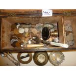 Wooden box containing silver and copper coins etc., inc. a miniature ACME level