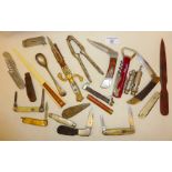 Pen and pocket knives, whistles, cigar cutter etc including a French Hilleshog pocket knife, body in