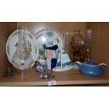 Assorted china items and three glass oil lamp funnels