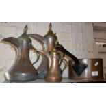 Victorian copper saucepan and three various Turkish silvered copper and brass coffee pots