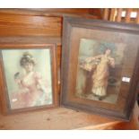 Oak framed colour print of an Edwardian woman in ball gown and another similar