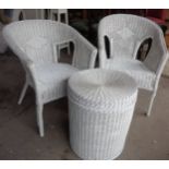 Pair painted wickerwork garden armchair and white painted round wickerwork laundry basket