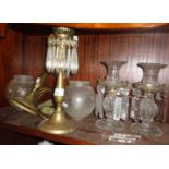 Pair of Victorian glass lustres (A/F), two brass and glass lustre table lamps with shades