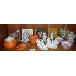Assorted Continental porcelain including lobster sauce boat, figures etc