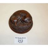 Treen-carved oak sleeping fox paperweight, 3.5" diameter