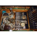 Cased set of silver plated cutlery, Weston Master IV exposure meter, painted wooden candlesticks,