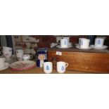 Coffee cans and saucers with Royal Navy crests in original wooden inventory box and other china