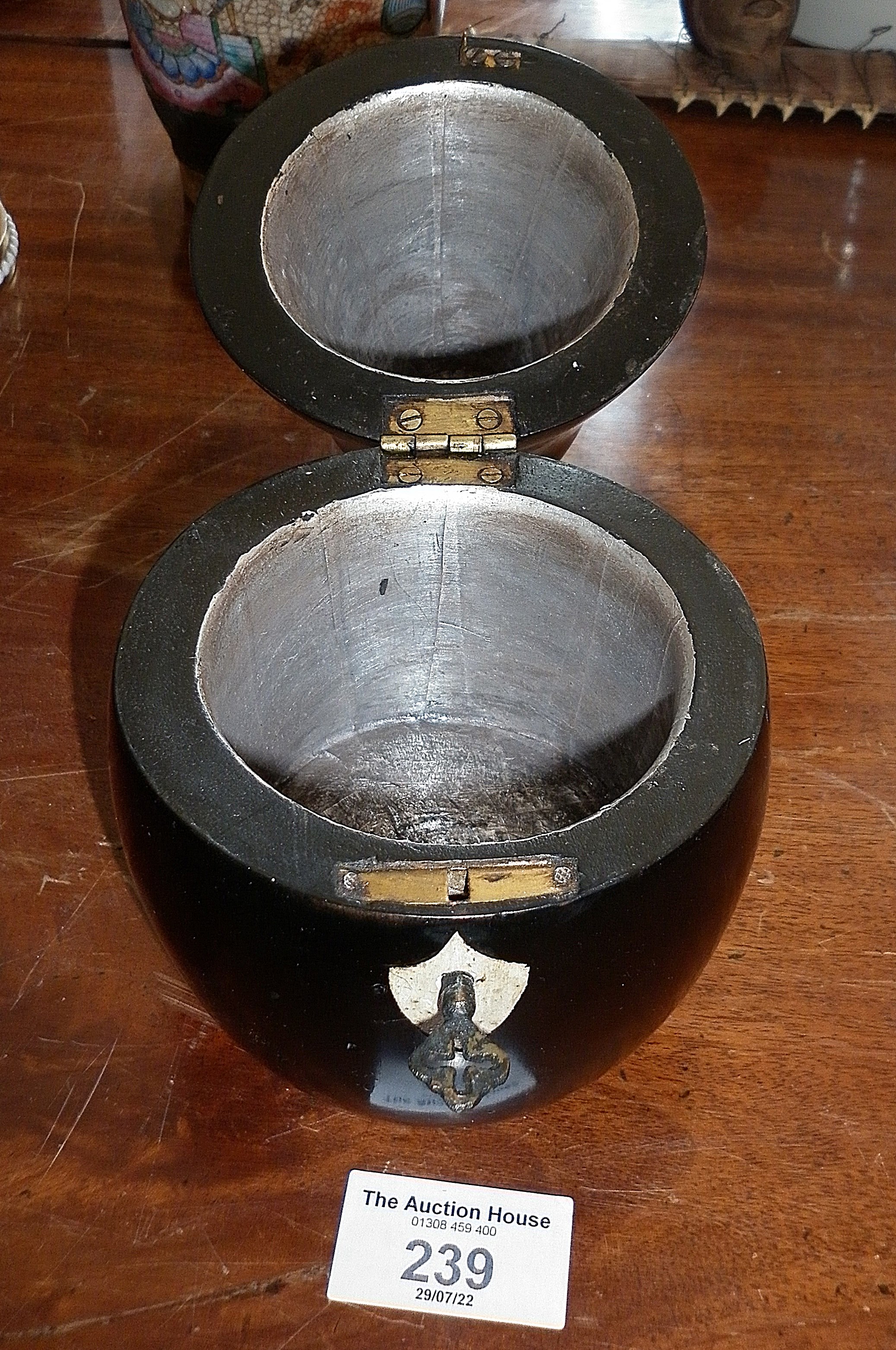 Ebonised wood pear-shaped tea caddy with key, lined, 7" high - Image 2 of 2