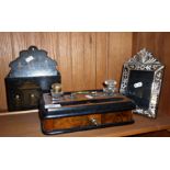 Victorian papier mache letter rack, Victorian walnut inkstand, and a photo frame with mirrored