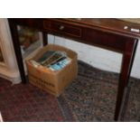 19th c. mahogany fold-over tea table with drawer on square tapering legs