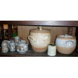 Studio pottery - two large stoneware lidded crocks and a pot by Michael Casson, and a glazed