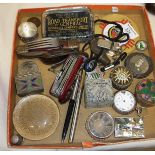 Tray of assorted items, advertising paperweights, silver photo frame, thimble, coins, medals etc