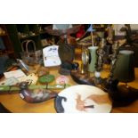 Miscellaneous items inc. decoy birds, kitchen scales, musical toilet roll holder, etc.