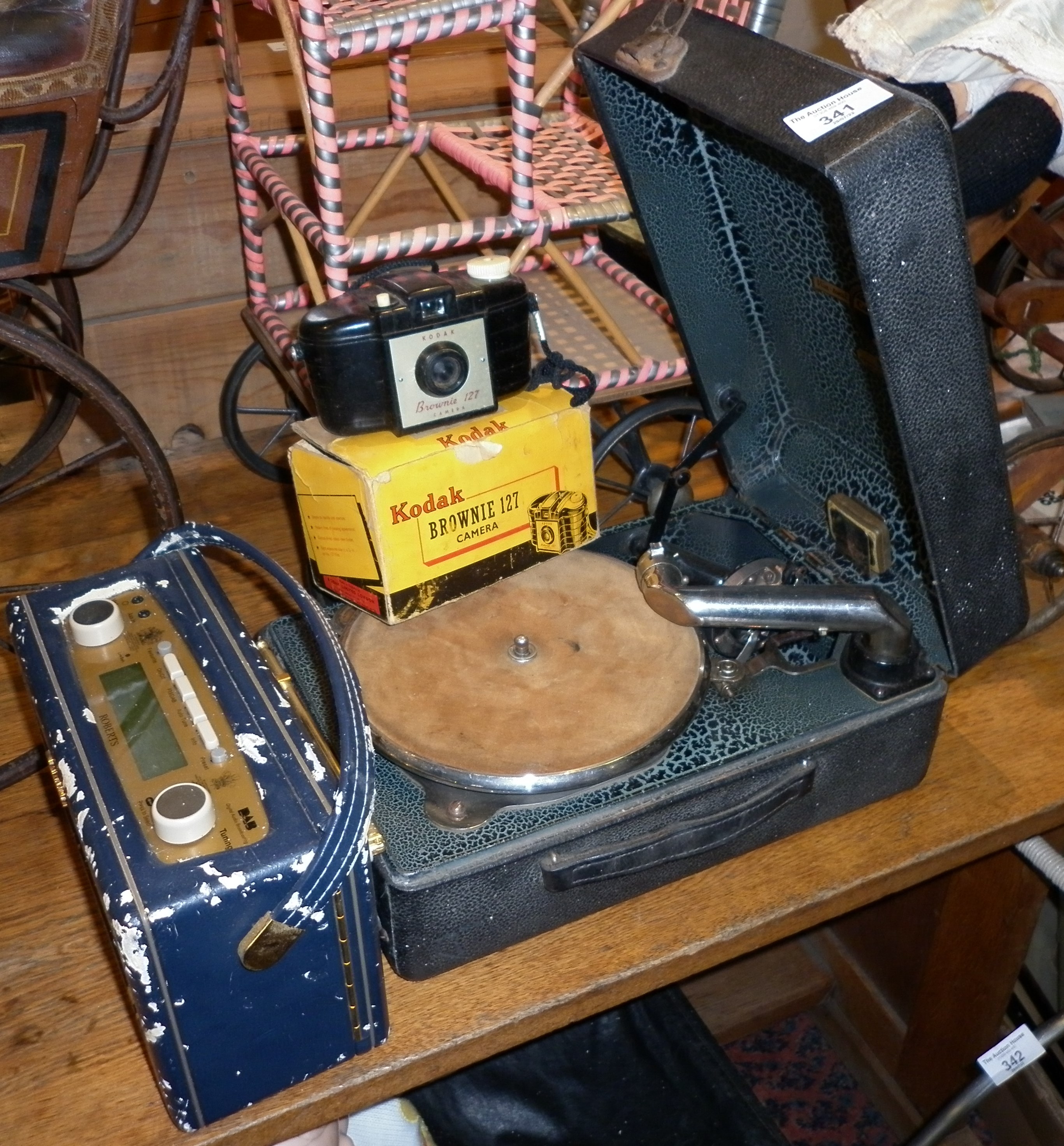 Columbia No 100 wind-up gramophone, A Roberts radio and a Kodak Brownie 127 camera