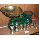 Salter kitchen scales and 14 brass bell weights