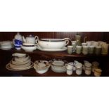 Large china tureen with ladle, smaller similar and other china (2 shelves)