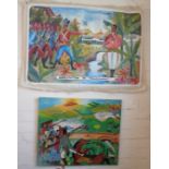 Oil on canvas, unframed, by 20th c. Haitian artist W. Savain titled "Arrestation de Toussaint",