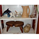 Poole dolphin, Sylvac jug, wooden stool, etc.