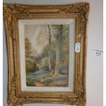 Small oil on board of a bluebell wood at Ripley, signed verso Miss C. Arbuthnot (Exh 1930) and