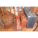 Vintage blue leather vanity case, two other cases and two carved wooden boxes