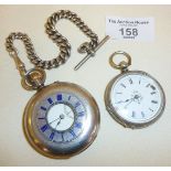 Silver and enamel half hunter pocket watch with hallmarked silver Albert chain, together with an