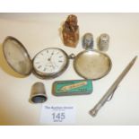 Silver pocket watch (A/F), silver thimbles, pen nib case, sterling silver pencil, and carved