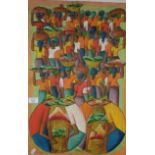 20th c. Haitian oil on canvas of a market scene, 24" x 16", signed K. Antoine