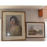 Colour print after G. Crosland Robinson of a woman and a watercolour of a river scene by Mona
