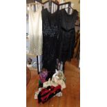 Vintage clothing: two 1920's/30's flapper style sequinned dresses, similar with feathers and waistc