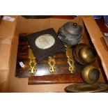 Victorian brass bound desk blotter, antique Persian carved hardwood frame enclosing miniature