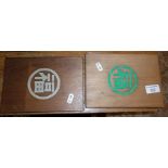Two Japanese fold-out books with wooden boards "The Story of Tea" and "Biographies of 12 Chinese