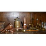 Two old copper funnels, a brass blowlamp, brass candlesticks etc