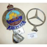 Rare Nassau Bahamas enamel car grille badge together with a Mercedes Benz hood ornament