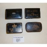 Four various antique lacquered papier mache snuff boxes, one reading "Prince Royal Snuff" and