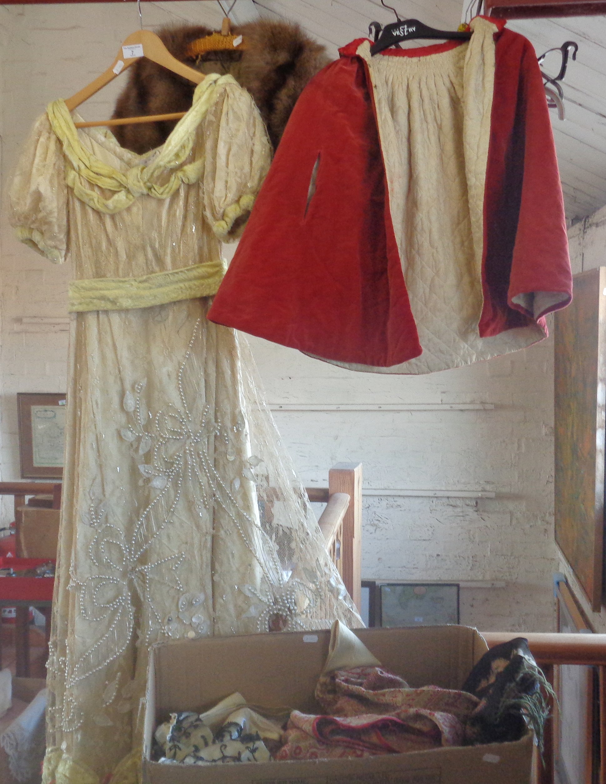 Vintage clothing - a theatrical beaded gown with fur cape, two Paisley shawls (A/F), and other